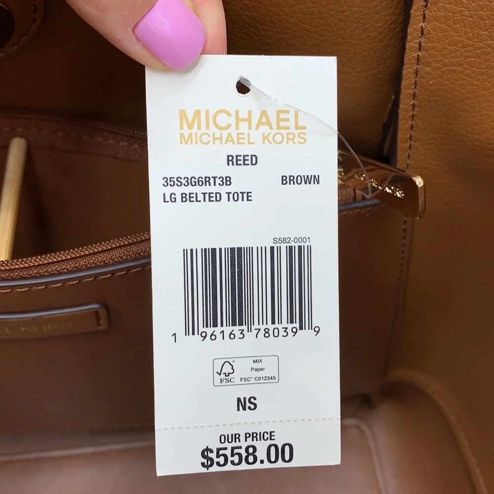 MICHAEL KORS REED  Large BELTED Logo Tote Bag BROWN SIGNATURE COLOR